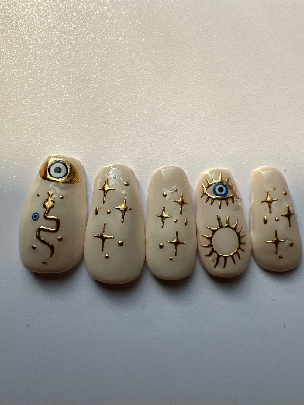 Coffin Evil Eye Press-On Nails Set in Cream with Gold Accent